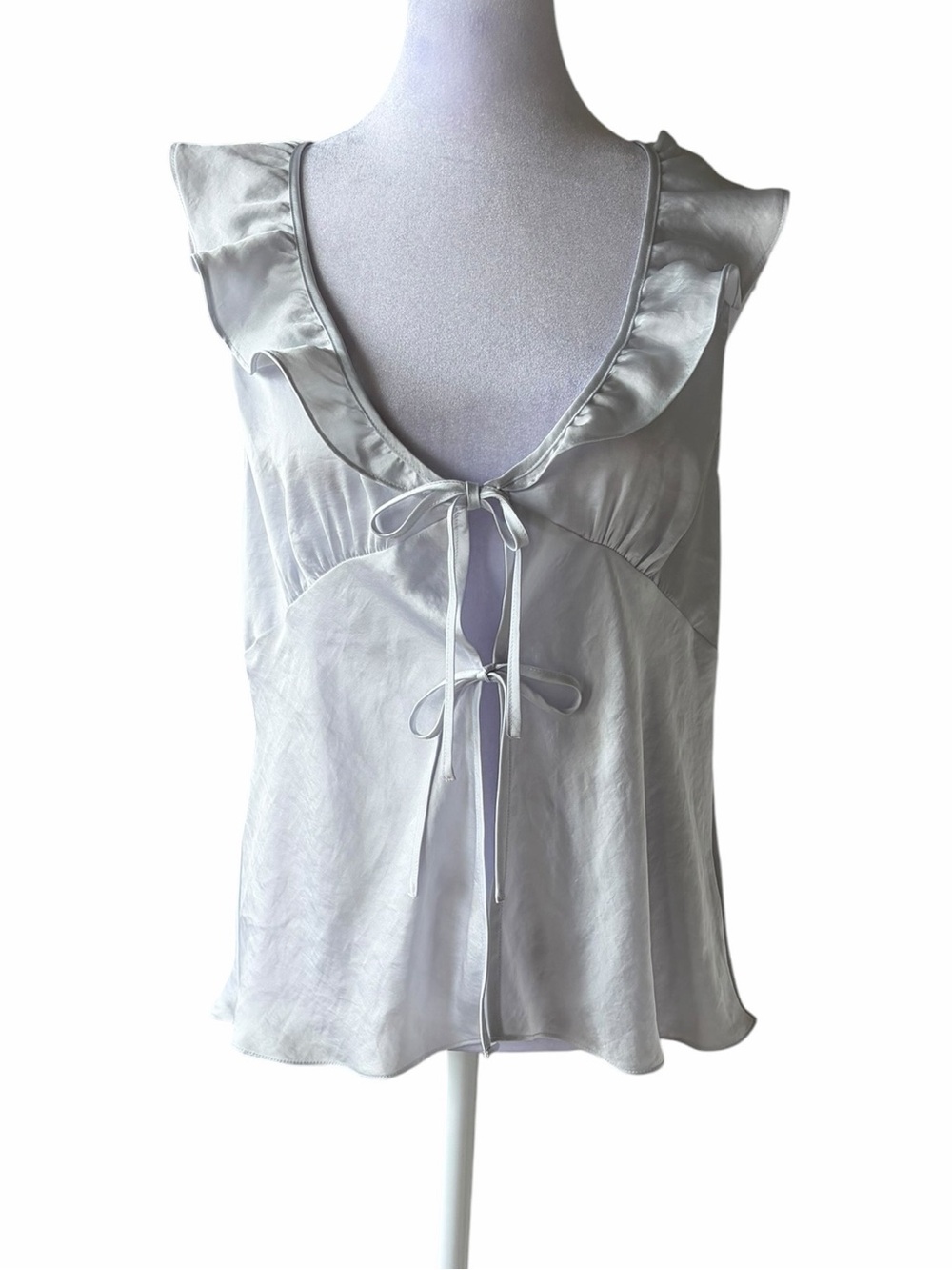 Aritzia Silver Satin Ruffle Tie-Front Camisole